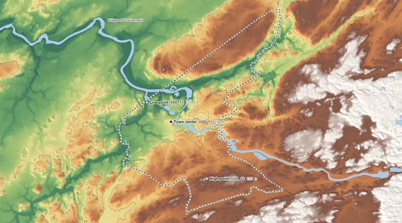 Topographic elevation map of Hailesboro, New York, shaded from 400 ft on the northwest side to 640 ft on the southeast side