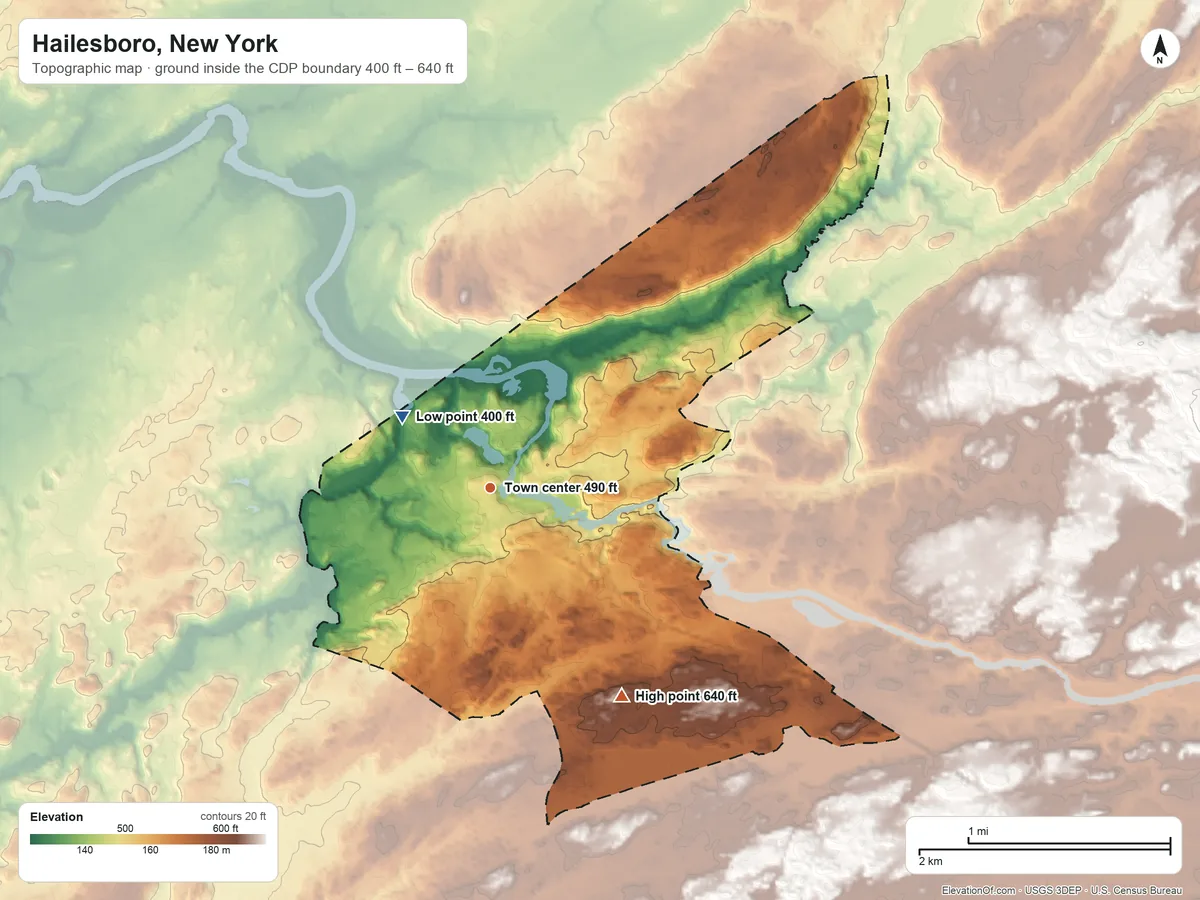Topographic elevation map of Hailesboro, New York, shaded from 400 ft on the northwest side to 640 ft on the southeast side