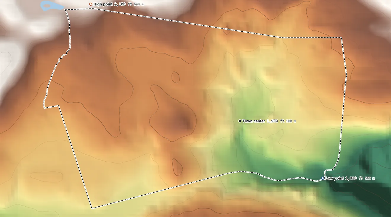 Topographic elevation map of Haines Falls, New York, shaded from 1,830 ft on the southeast side to 2,100 ft at the foot of the Blackhead Mountains