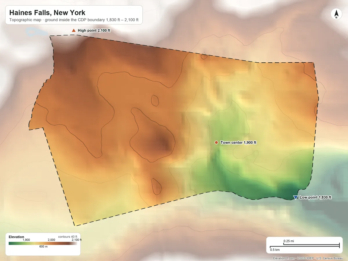 Topographic elevation map of Haines Falls, New York, shaded from 1,830 ft on the southeast side to 2,100 ft at the foot of the Blackhead Mountains