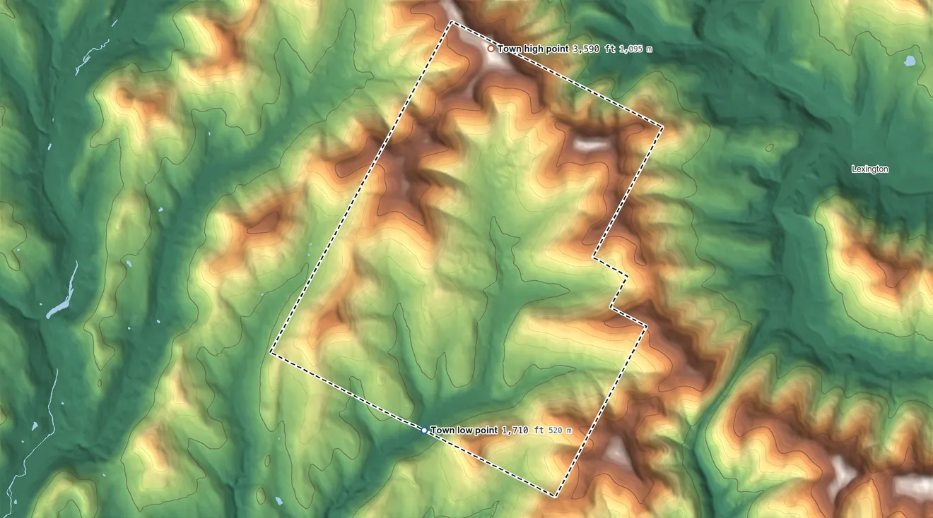 Topographic elevation map of Halcott, New York, shaded from 1,710 ft on the southwest side to 3,590 ft on Bearpen Mountain