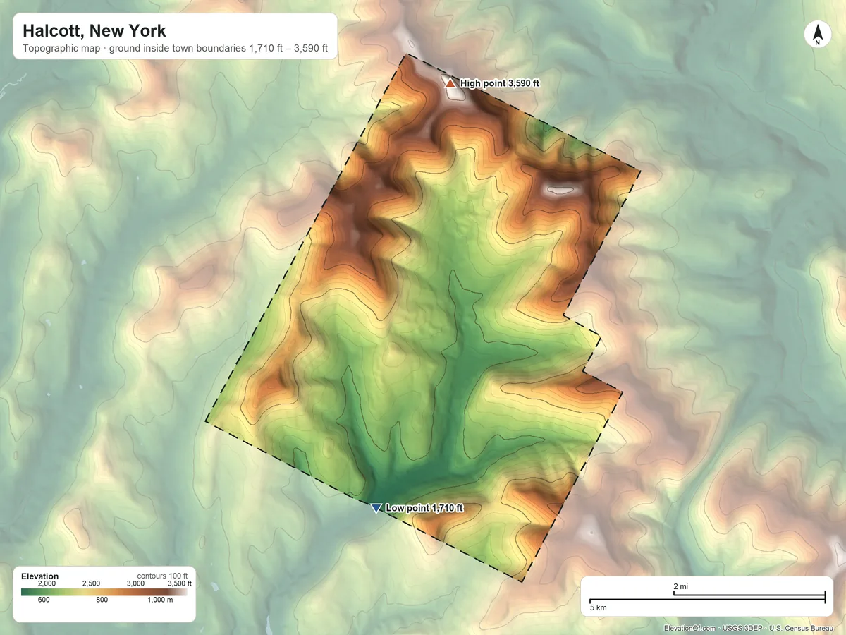 Topographic elevation map of Halcott, New York, shaded from 1,710 ft on the southwest side to 3,590 ft on Bearpen Mountain