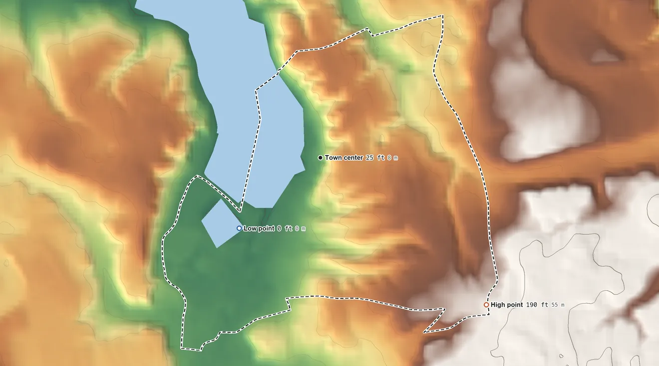 Topographic elevation map of Halesite, New York, shaded from sea level level on Huntington Harbor to 190 ft on the southeast side