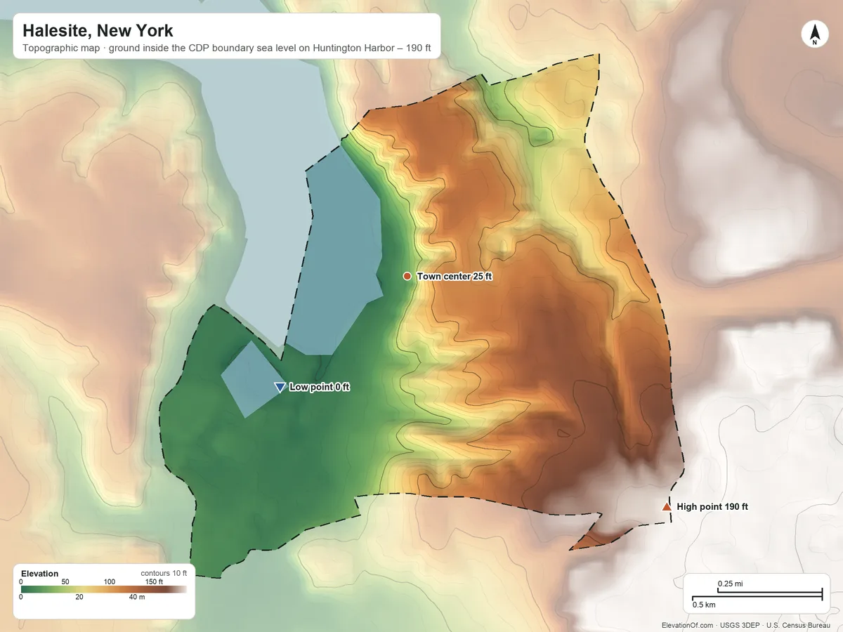Topographic elevation map of Halesite, New York, shaded from sea level level on Huntington Harbor to 190 ft on the southeast side