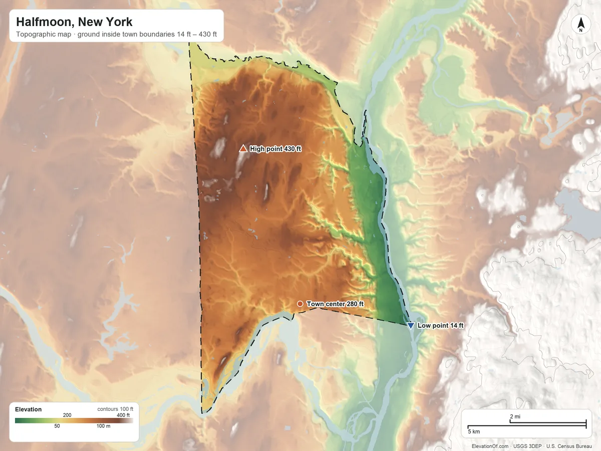 Topographic elevation map of Halfmoon, New York, shaded from 14 ft on the east side to 430 ft on the north side