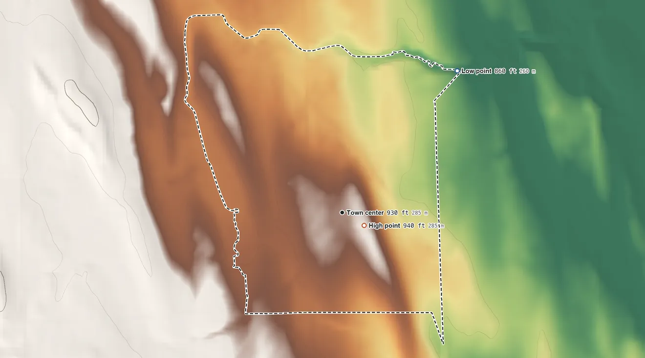 Topographic elevation map of Hall, New York, shaded from 860 ft on the northeast side to 940 ft near the middle