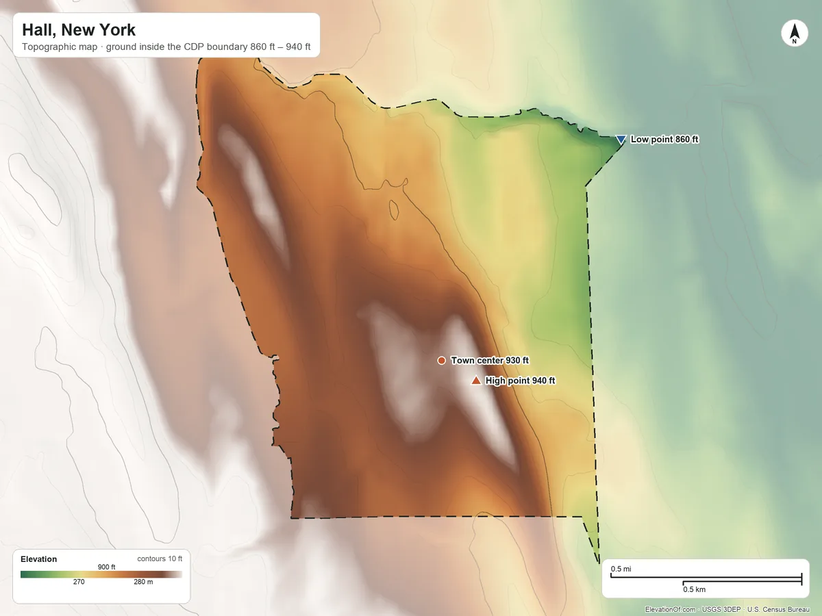 Topographic elevation map of Hall, New York, shaded from 860 ft on the northeast side to 940 ft near the middle