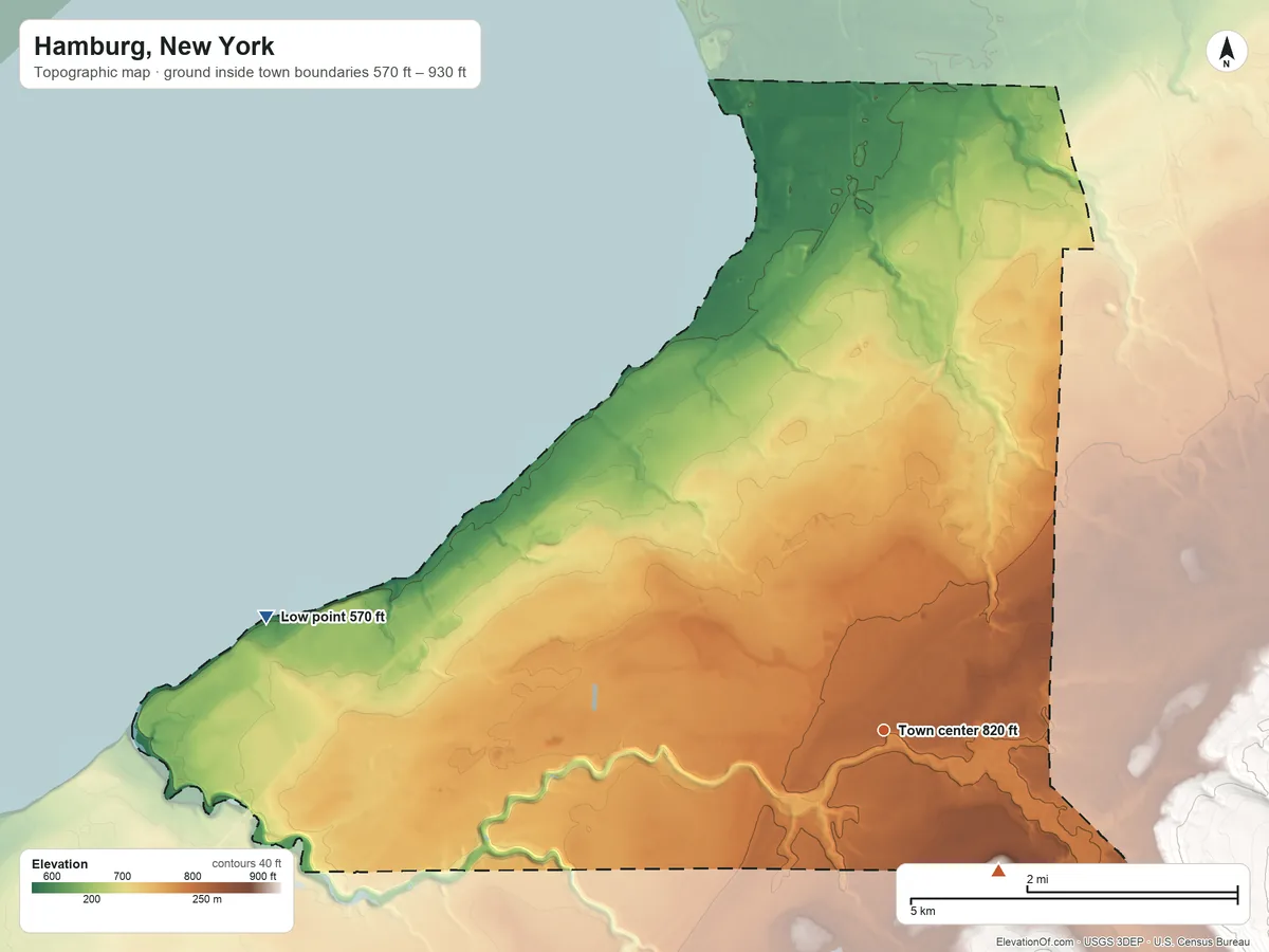 Topographic elevation map of Hamburg, New York, shaded from 570 ft on the west side to 930 ft on the southeast side