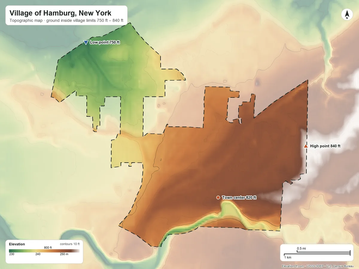 Topographic elevation map of Village of Hamburg, New York, shaded from 750 ft on the northwest side to 840 ft on the northeast side