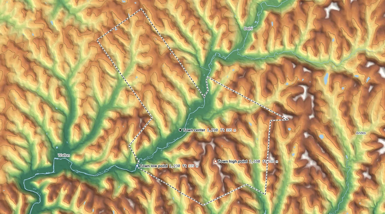Topographic elevation map of Hamden, New York, shaded from 1,230 ft on the southwest side to 2,590 ft on the southeast side