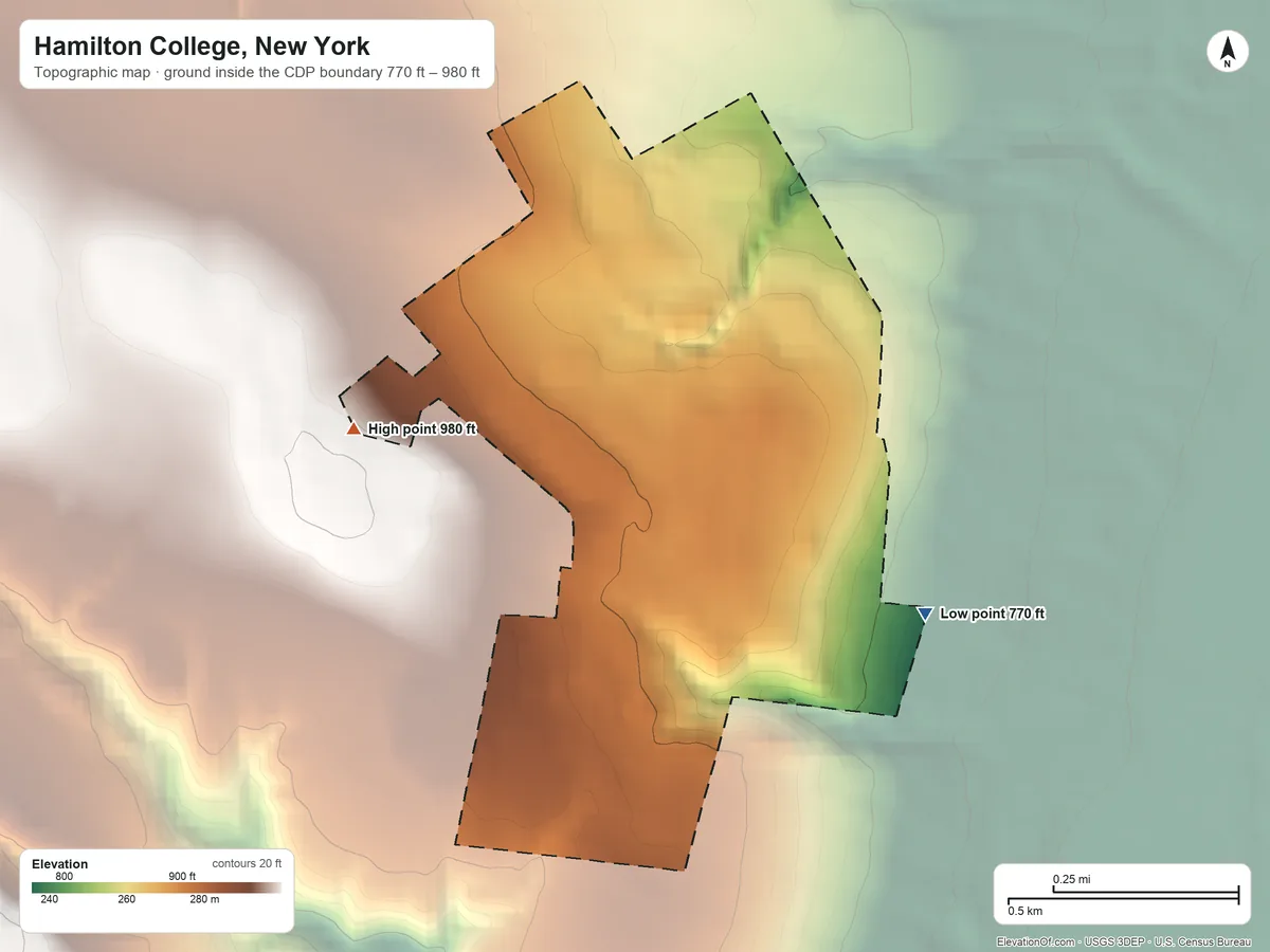Topographic elevation map of Hamilton College, New York, shaded from 770 ft on the east side to 980 ft on the west edge, below higher ground just outside