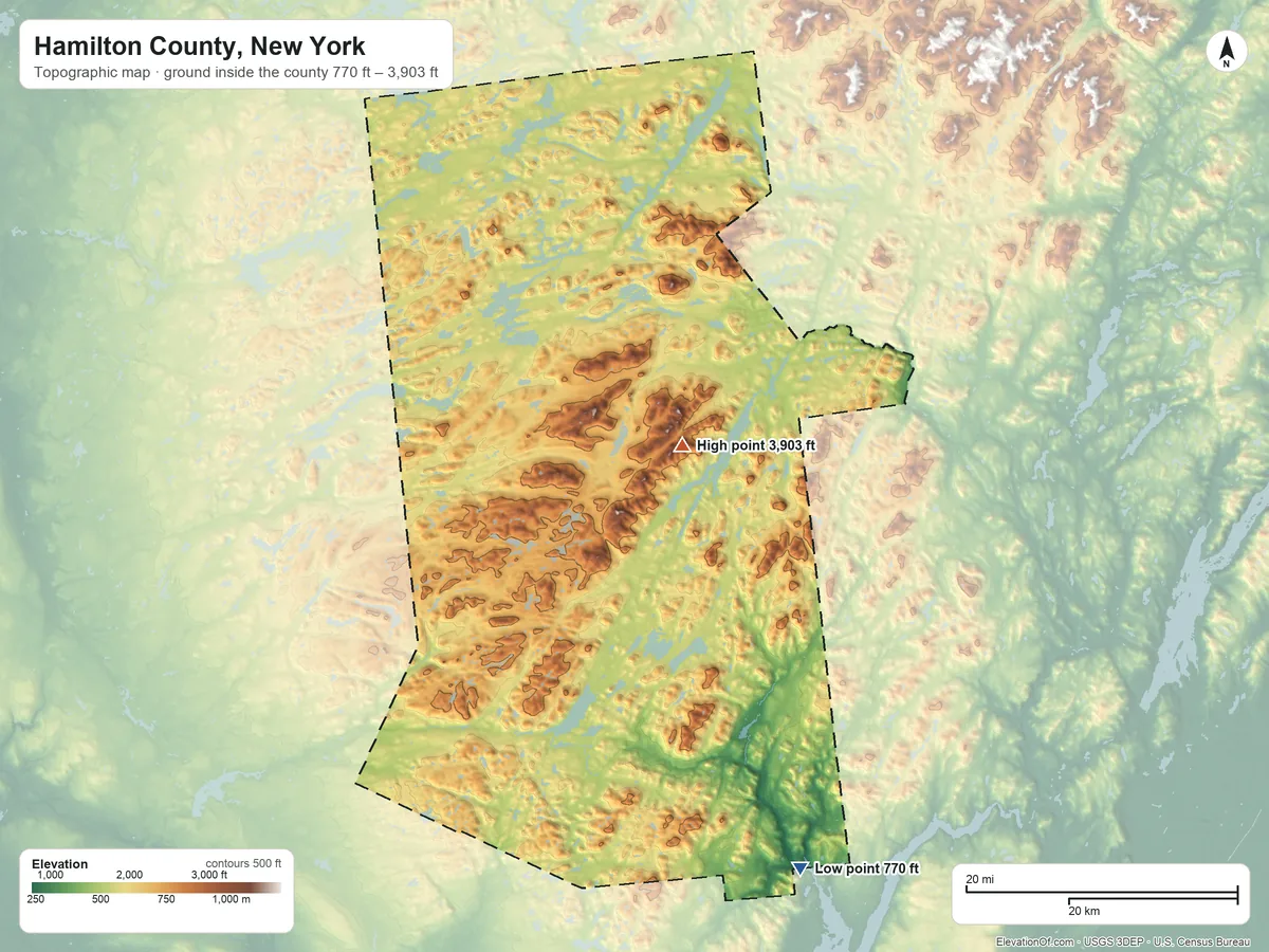 Topographic elevation map of Hamilton County, New York, shaded from 770 ft on the southeast side to 3,903 ft on Snowy Mountain