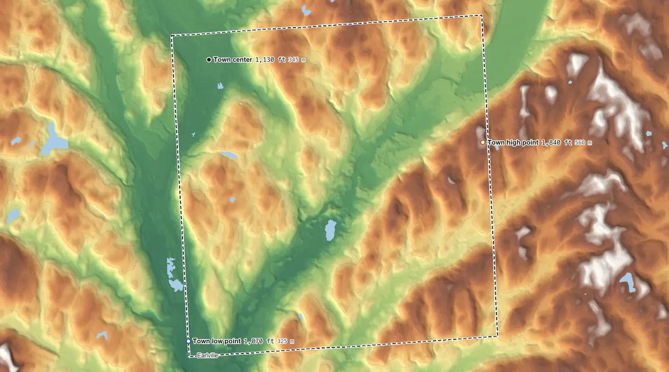 Topographic elevation map of Hamilton, New York, shaded from 1,070 ft on the south side to 1,840 ft on Crumb Hill