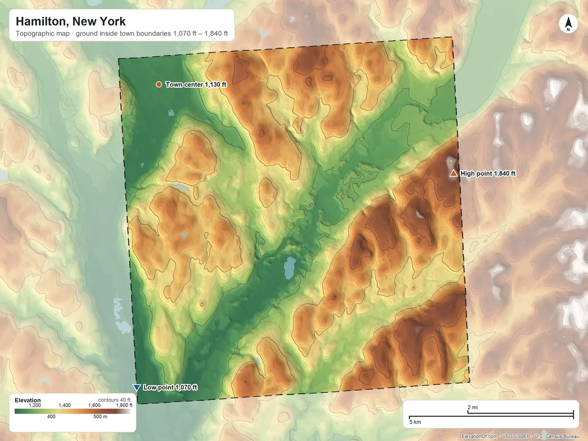 Topographic elevation map of Hamilton, New York, shaded from 1,070 ft on the south side to 1,840 ft on Crumb Hill