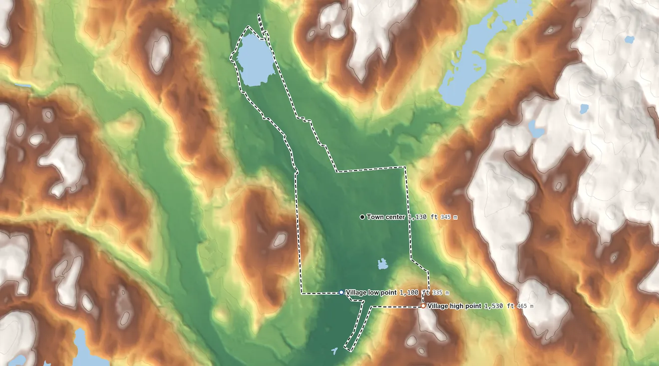 Topographic elevation map of Village of Hamilton, New York, shaded from 1,100 ft on the south side to 1,530 ft on the southeast side