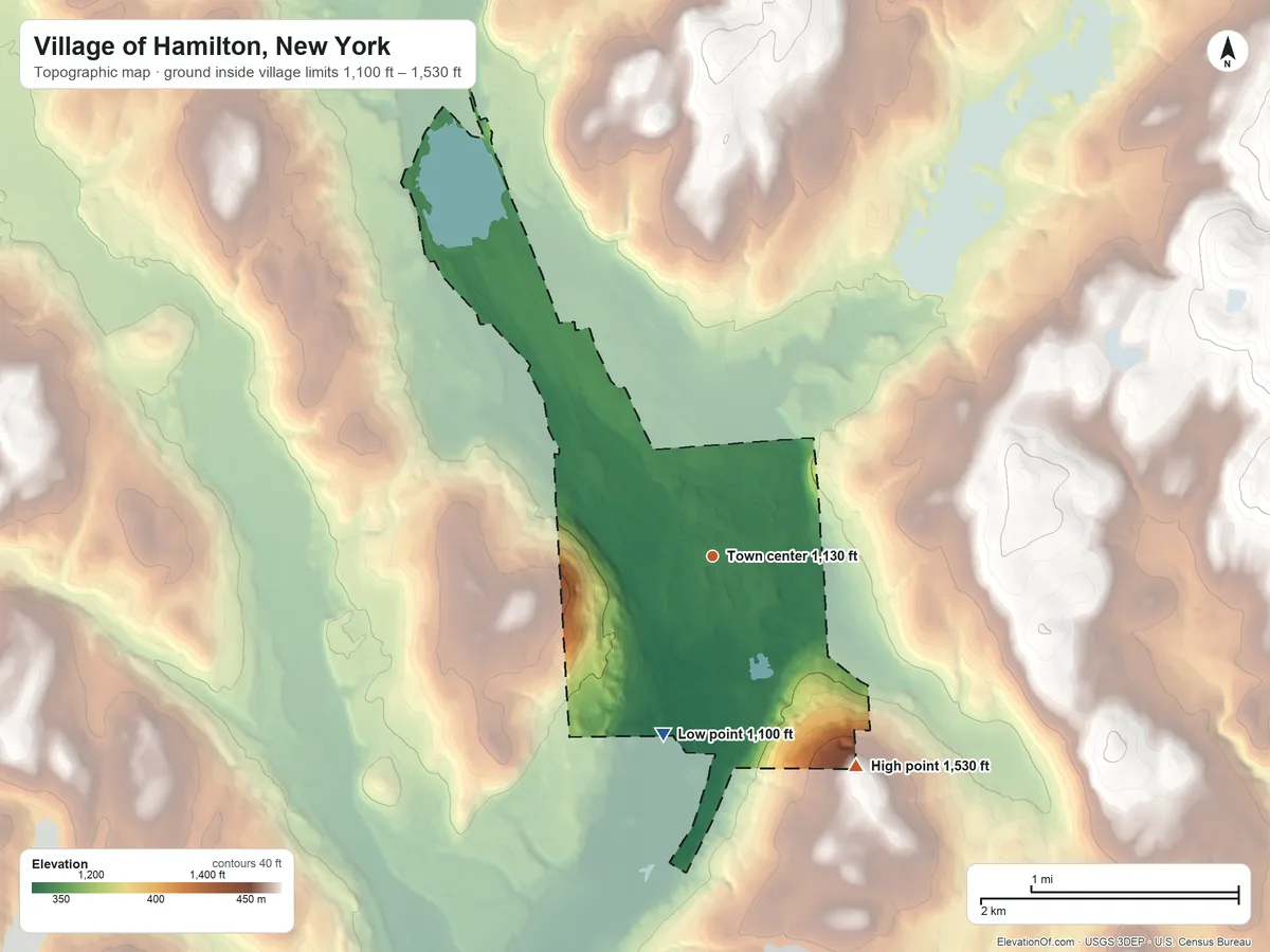 Topographic elevation map of Village of Hamilton, New York, shaded from 1,100 ft on the south side to 1,530 ft on the southeast side