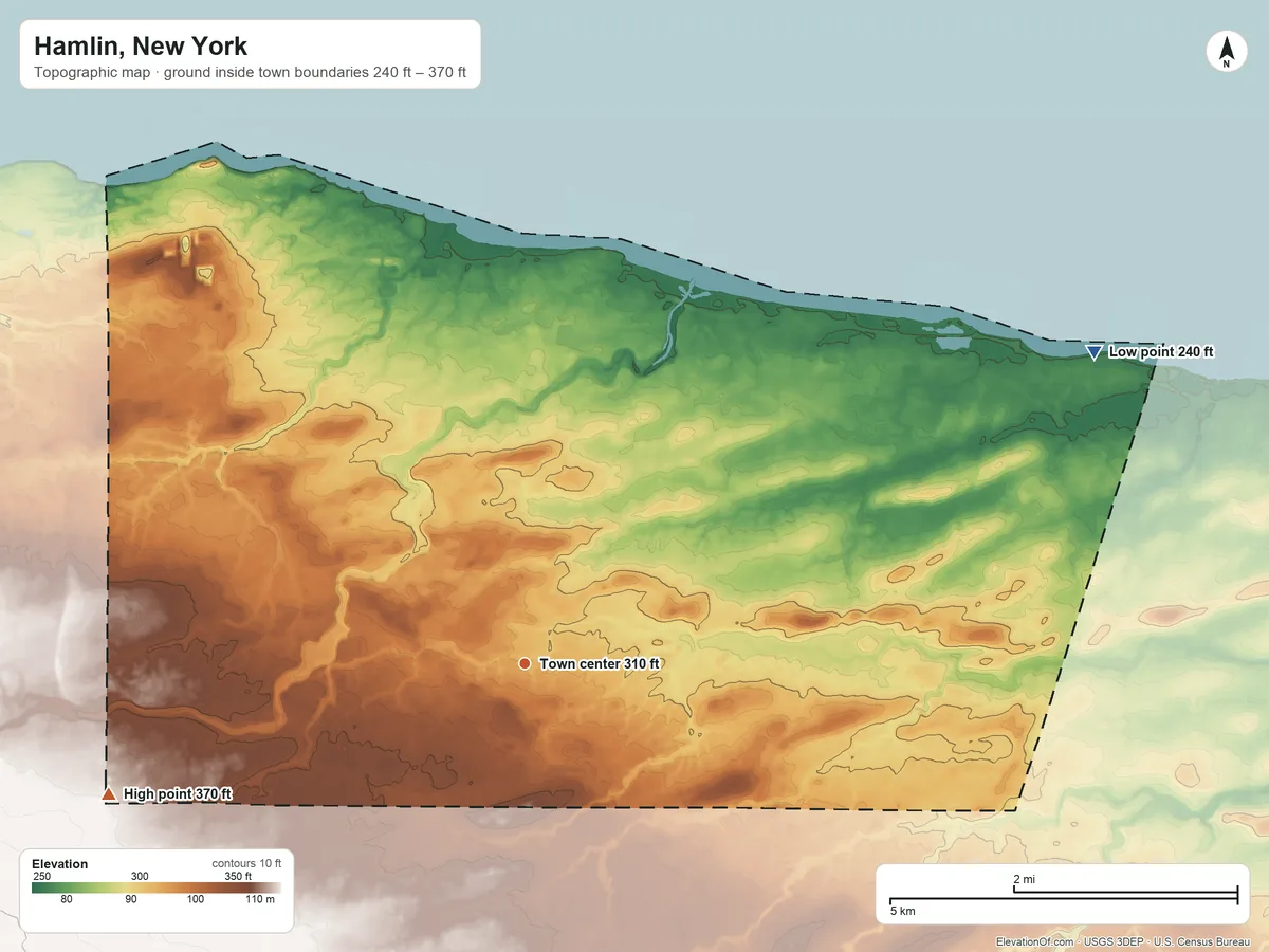 Topographic elevation map of Hamlin, New York, shaded from 240 ft on the northeast side to 370 ft on the west side
