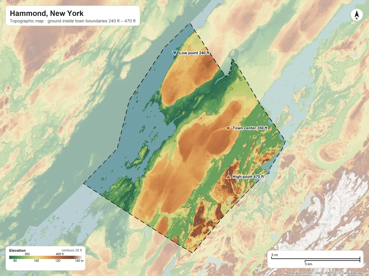 Topographic elevation map of Hammond, New York, shaded from 240 ft on the northwest side to 470 ft on the south side