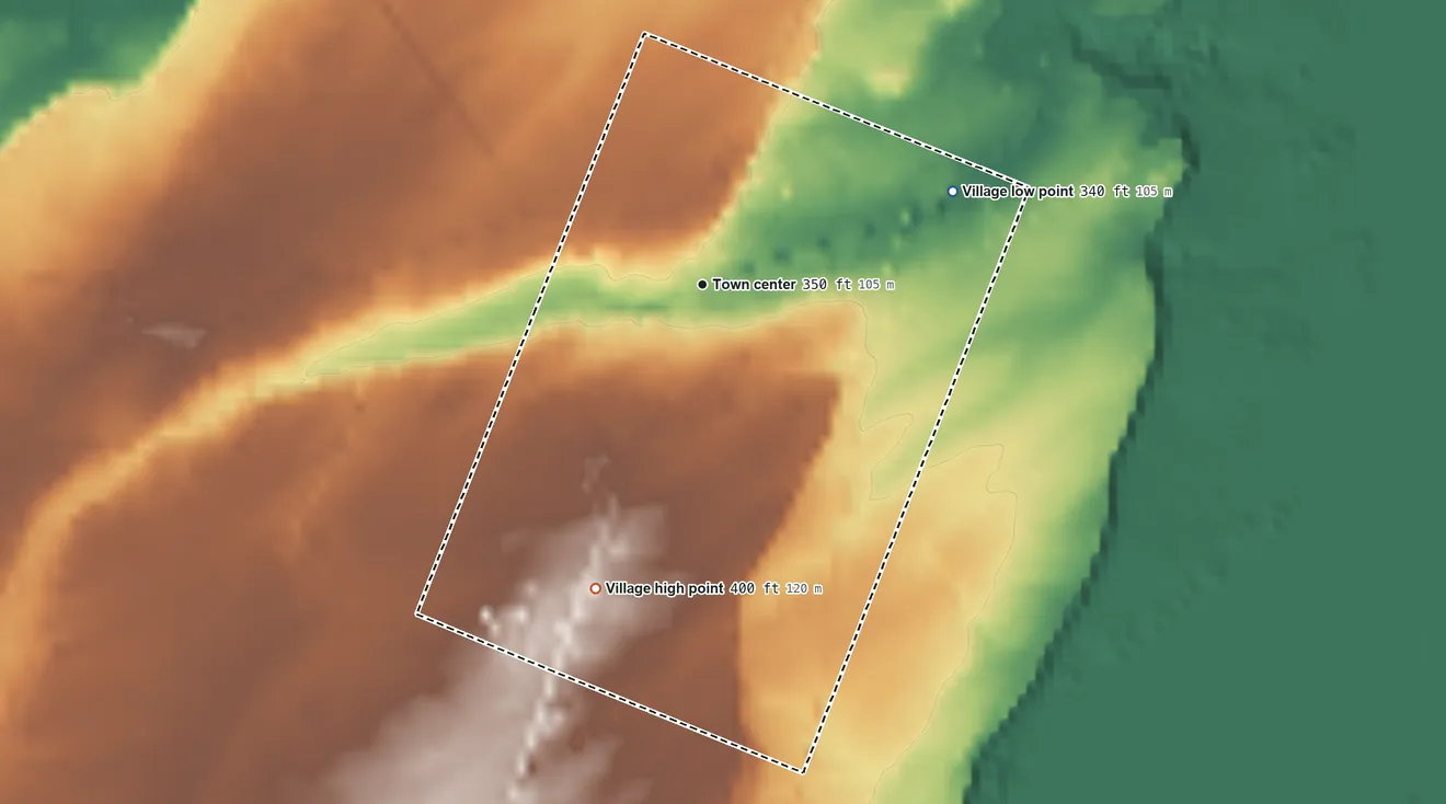 Topographic elevation map of Village of Hammond, New York, shaded from 340 ft on the east side to 400 ft on the south side