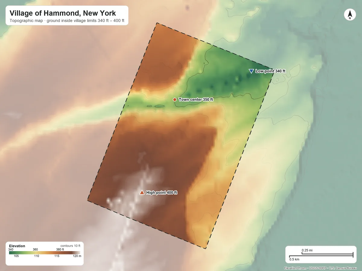 Topographic elevation map of Village of Hammond, New York, shaded from 340 ft on the east side to 400 ft on the south side