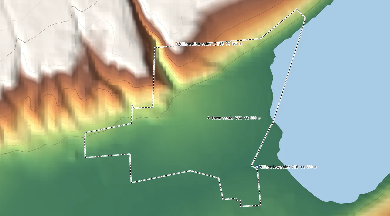 Topographic elevation map of Hammondsport, New York, shaded from 710 ft on the southeast side to 1,140 ft on the northwest edge, below higher ground just outside