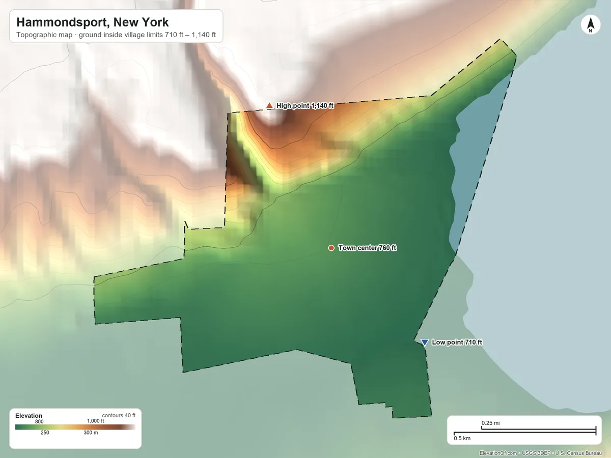 Topographic elevation map of Hammondsport, New York, shaded from 710 ft on the southeast side to 1,140 ft on the northwest edge, below higher ground just outside