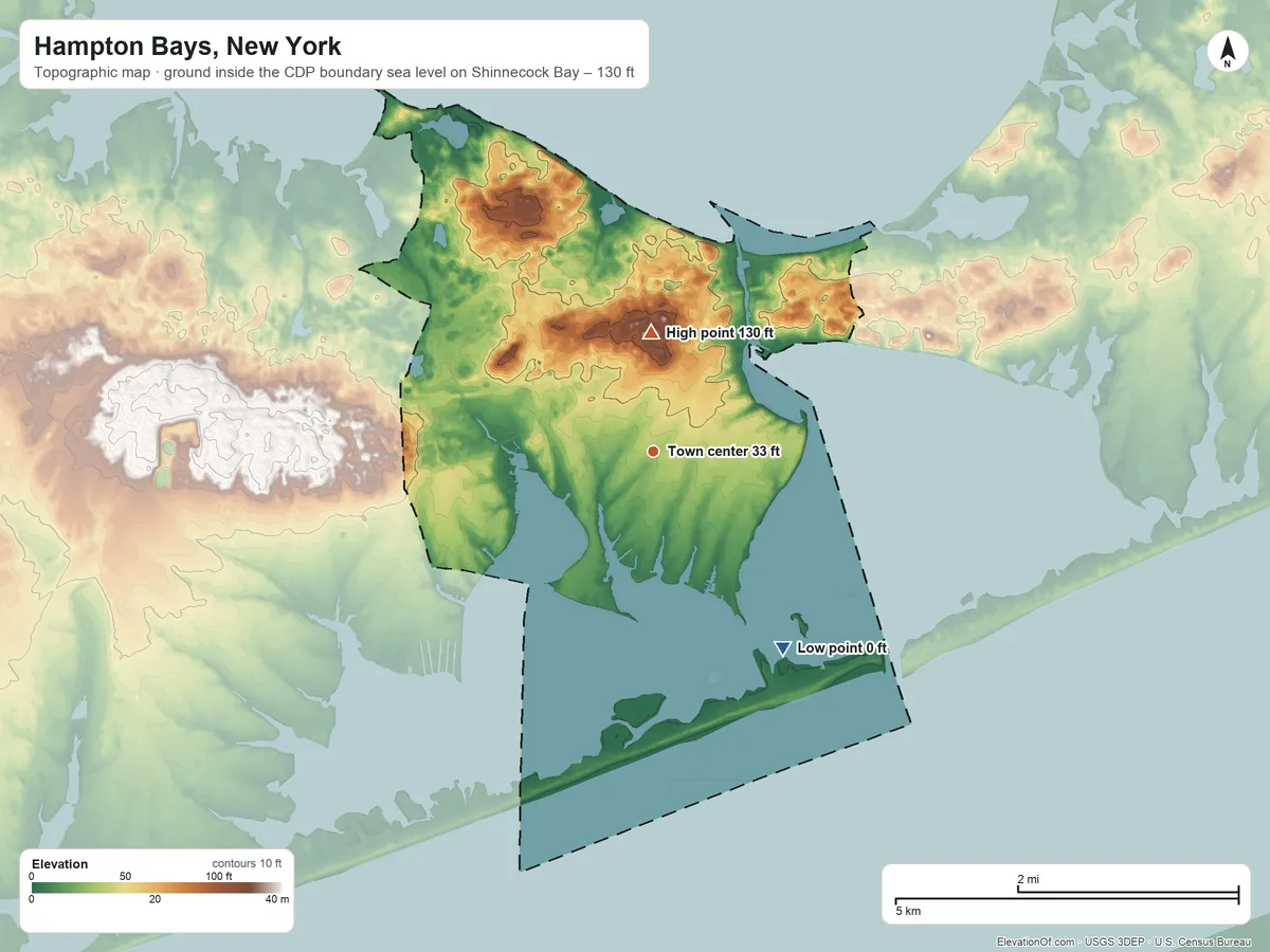 Topographic elevation map of Hampton Bays, New York, shaded from sea level level on Shinnecock Bay to 130 ft on the north side