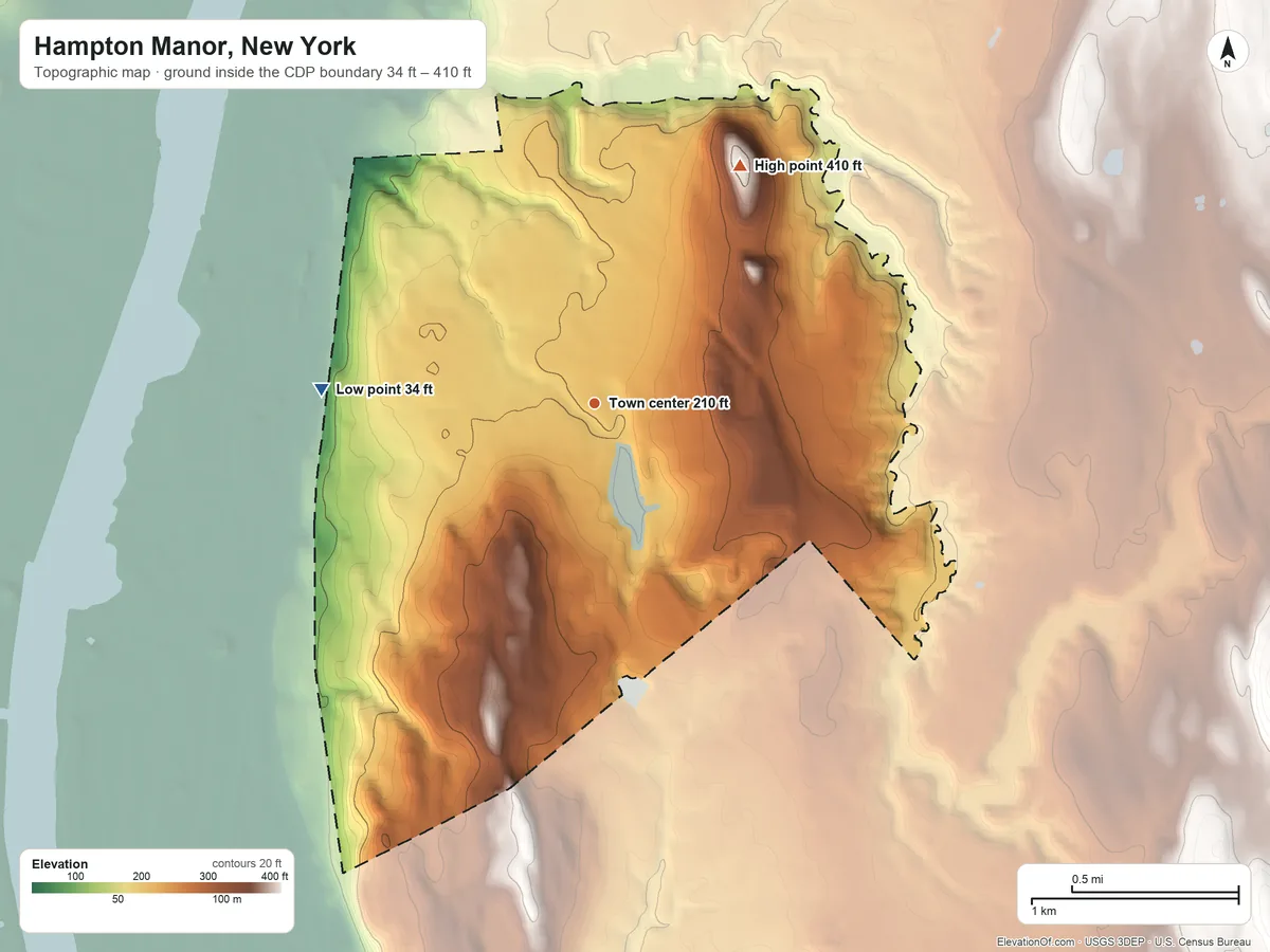 Topographic elevation map of Hampton Manor, New York, shaded from 34 ft on the west side to 410 ft on Olcott Hill