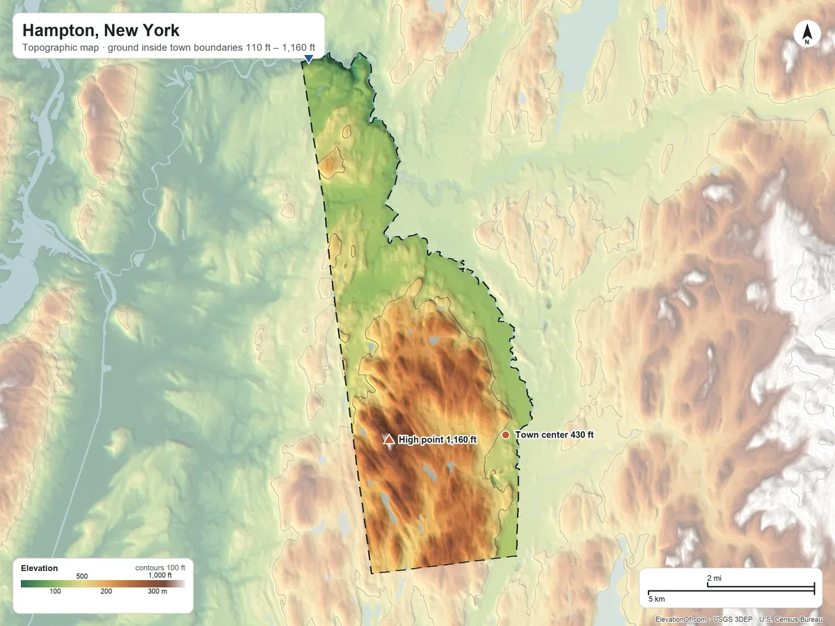 Topographic elevation map of Hampton, New York, shaded from 110 ft on the northwest side to 1,160 ft on Thorn Hill