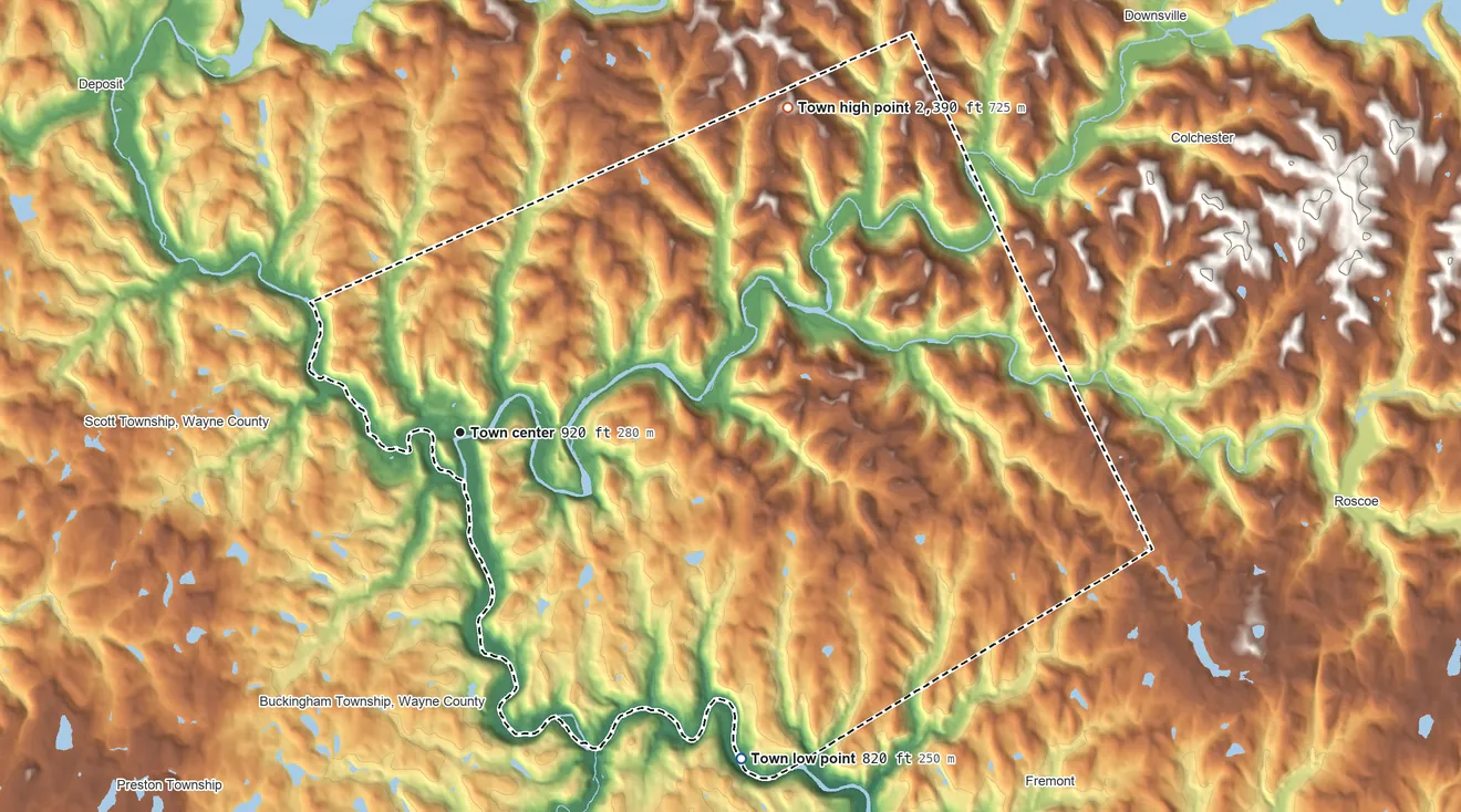 Topographic elevation map of Hancock, New York, shaded from 820 ft on the southeast side to 2,390 ft on the northeast side