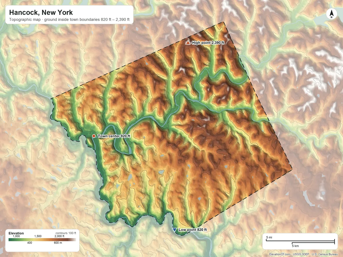 Topographic elevation map of Hancock, New York, shaded from 820 ft on the southeast side to 2,390 ft on the northeast side