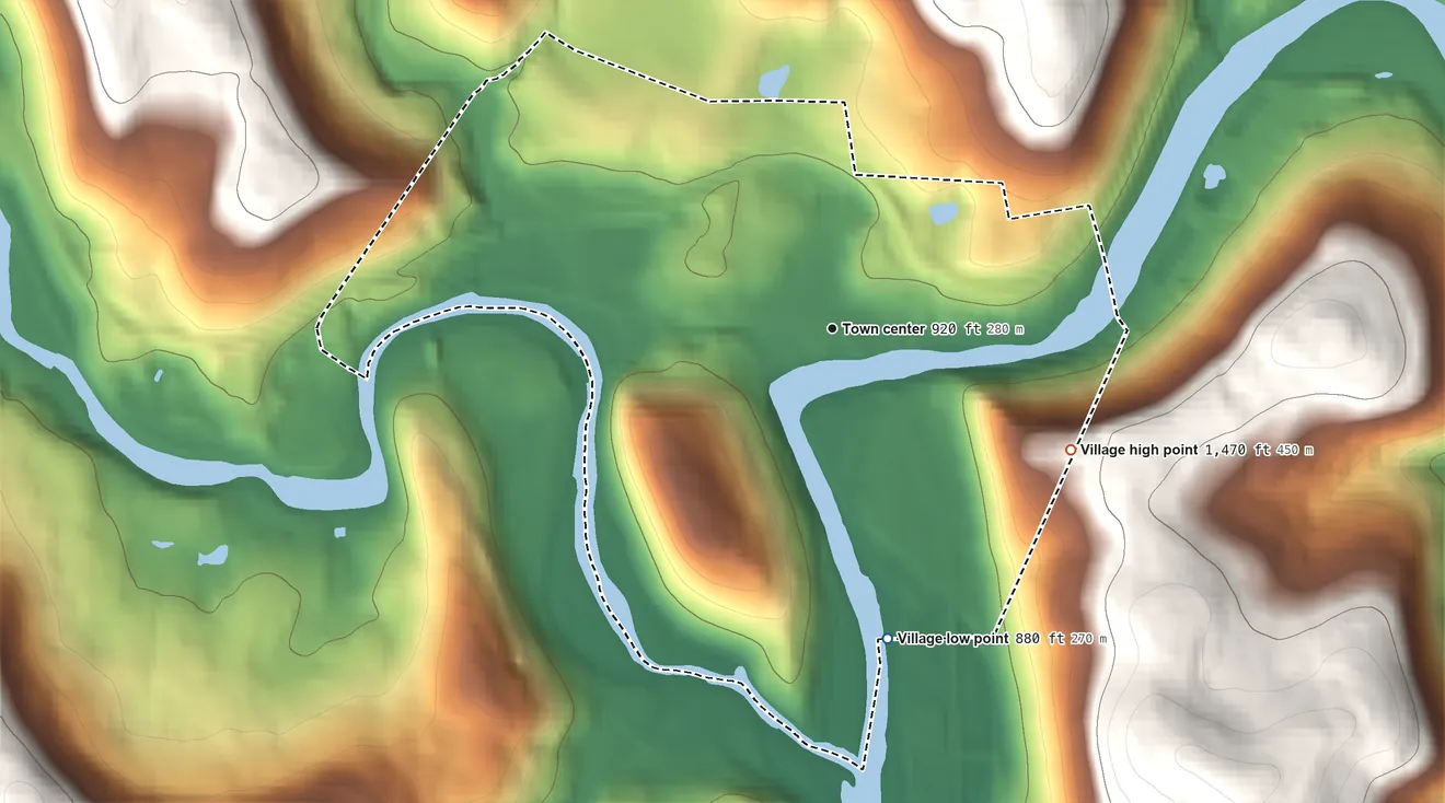Topographic elevation map of Village of Hancock, New York, shaded from 880 ft on the south side to 1,470 ft on the southeast edge, below higher ground just outside