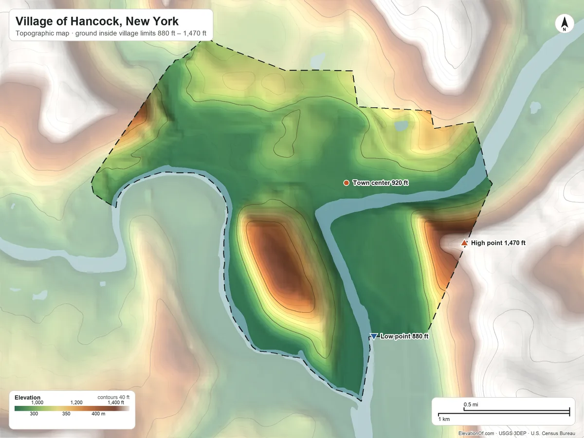 Topographic elevation map of Village of Hancock, New York, shaded from 880 ft on the south side to 1,470 ft on the southeast edge, below higher ground just outside