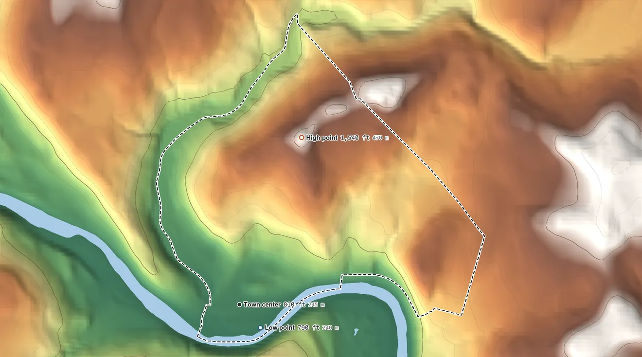 Topographic elevation map of Hankins, New York, shaded from 790 ft near the middle to 1,540 ft on the north side