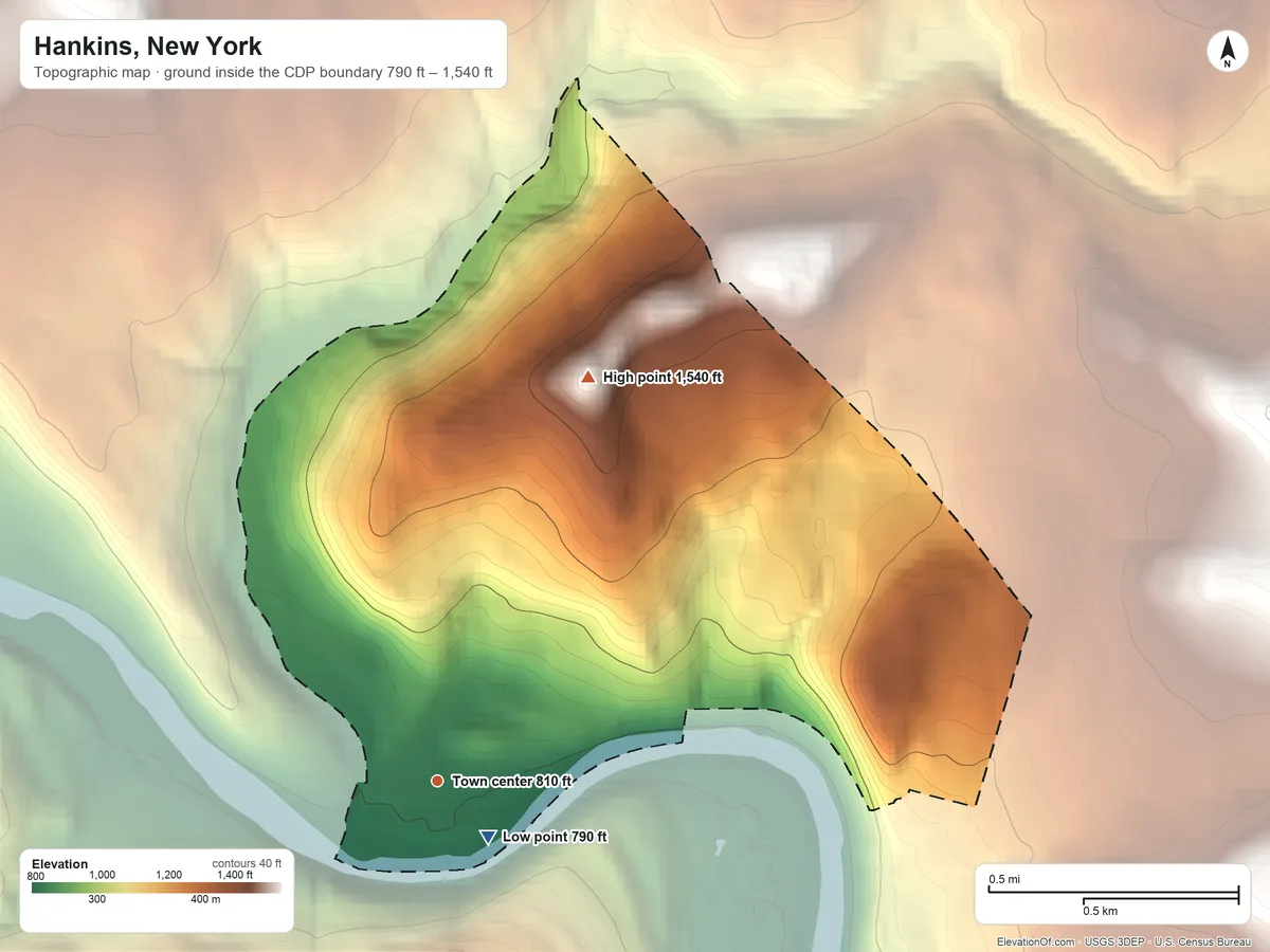 Topographic elevation map of Hankins, New York, shaded from 790 ft near the middle to 1,540 ft on the north side