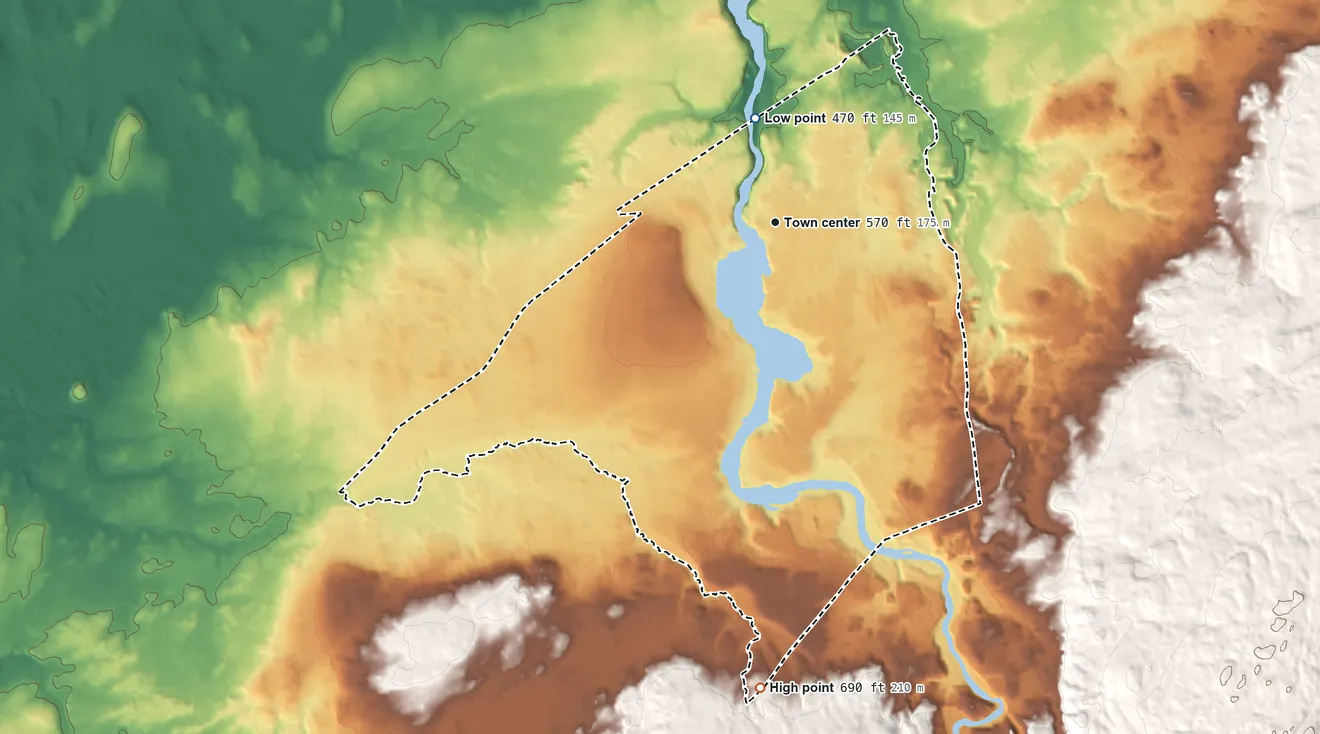 Topographic elevation map of Hannawa Falls, New York, shaded from 470 ft on the north side to 690 ft on the south side