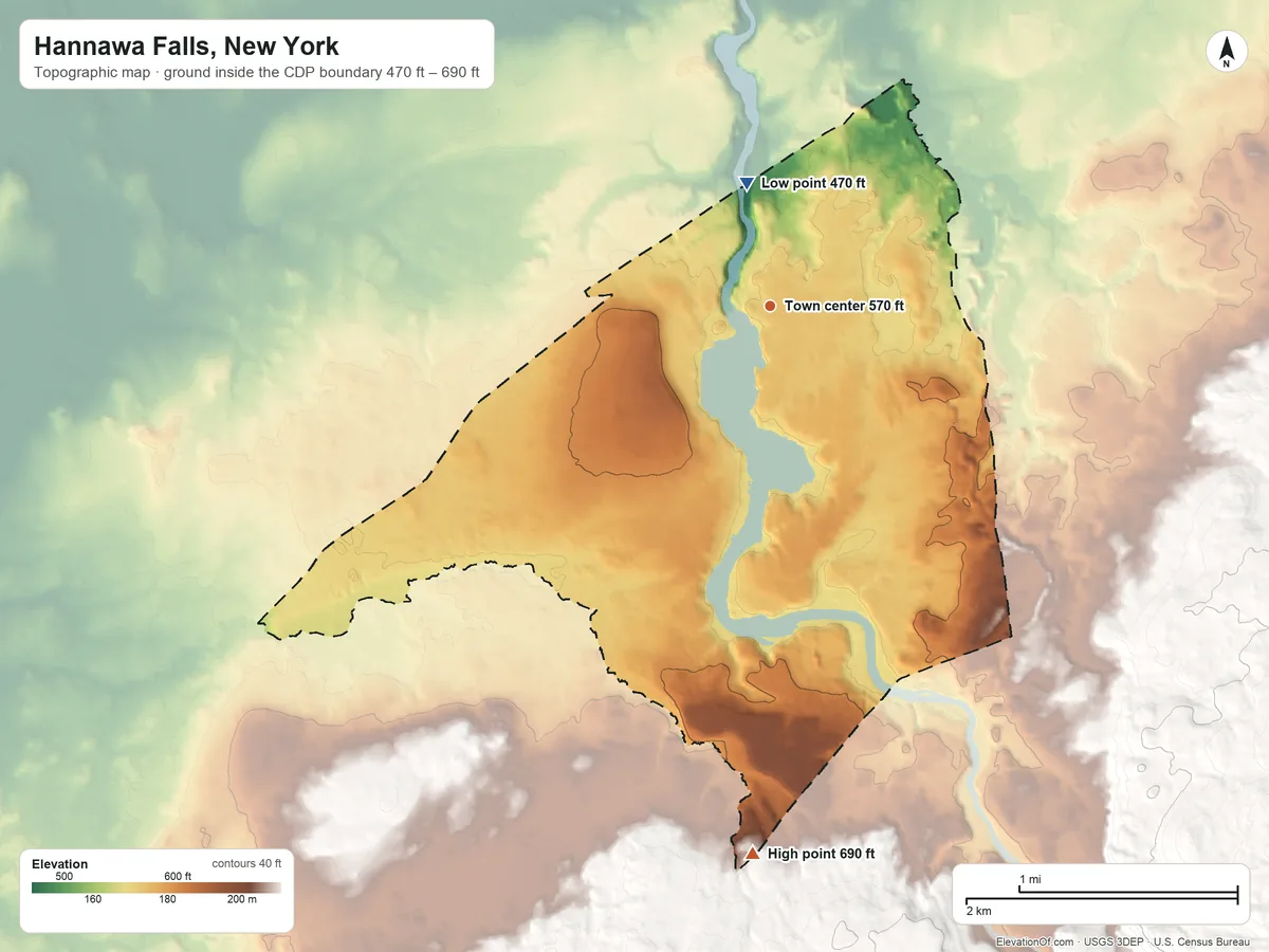 Topographic elevation map of Hannawa Falls, New York, shaded from 470 ft on the north side to 690 ft on the south side
