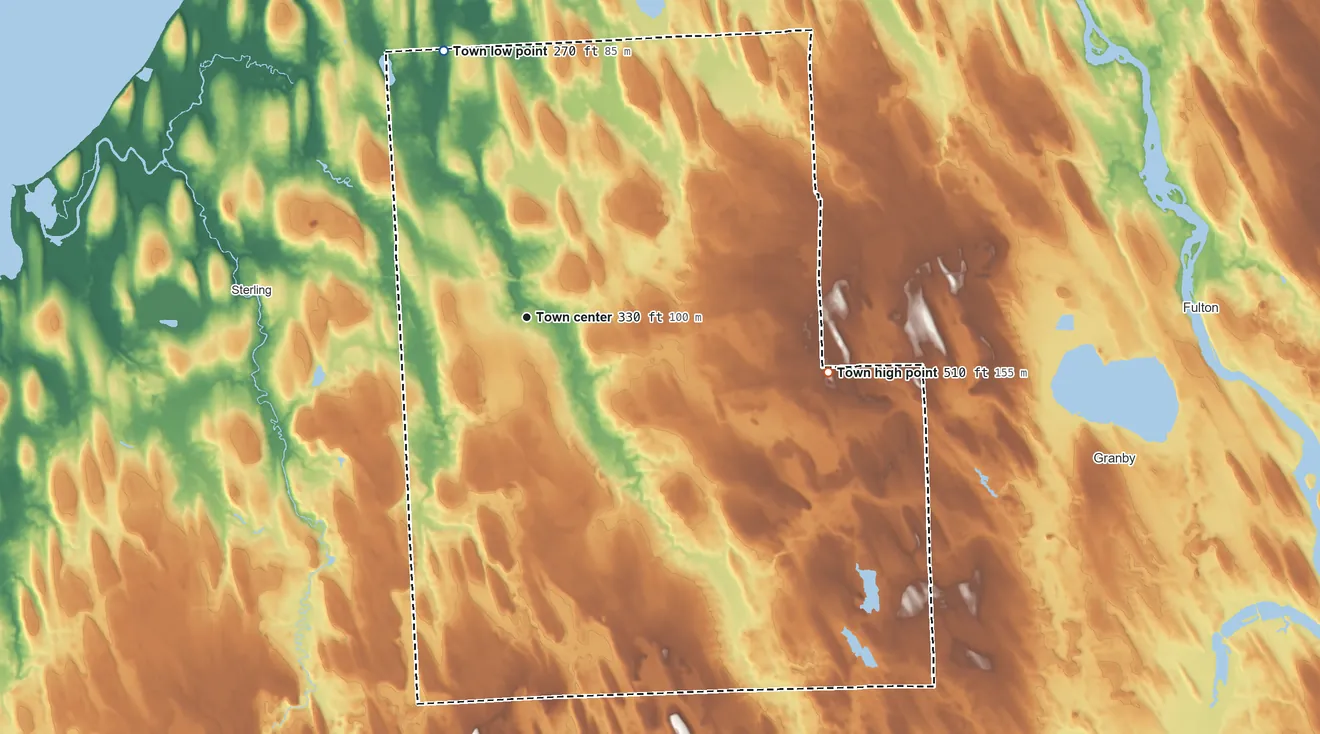 Topographic elevation map of Hannibal, New York, shaded from 270 ft on the north side to 510 ft on the east side