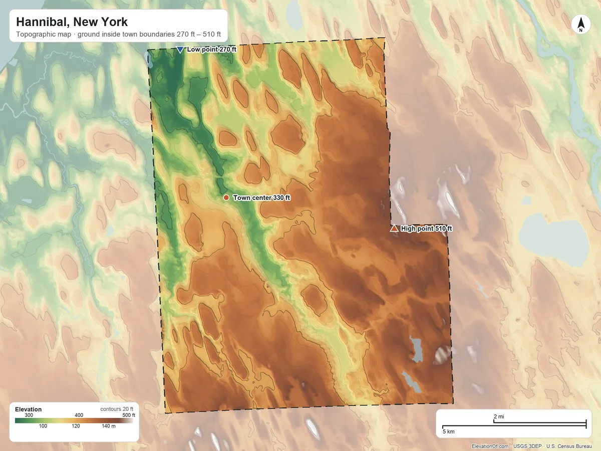 Topographic elevation map of Hannibal, New York, shaded from 270 ft on the north side to 510 ft on the east side