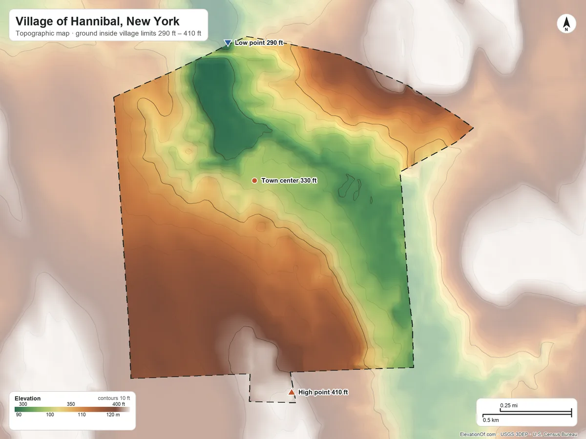 Topographic elevation map of Village of Hannibal, New York, shaded from 290 ft on the north side to 410 ft on the south side