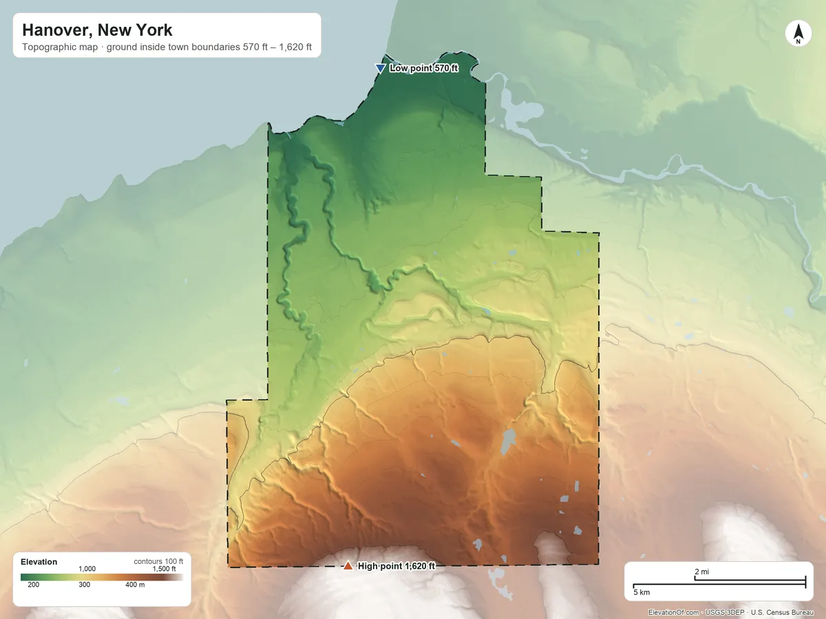Topographic elevation map of Hanover, New York, shaded from 570 ft on the north side to 1,620 ft on the south side