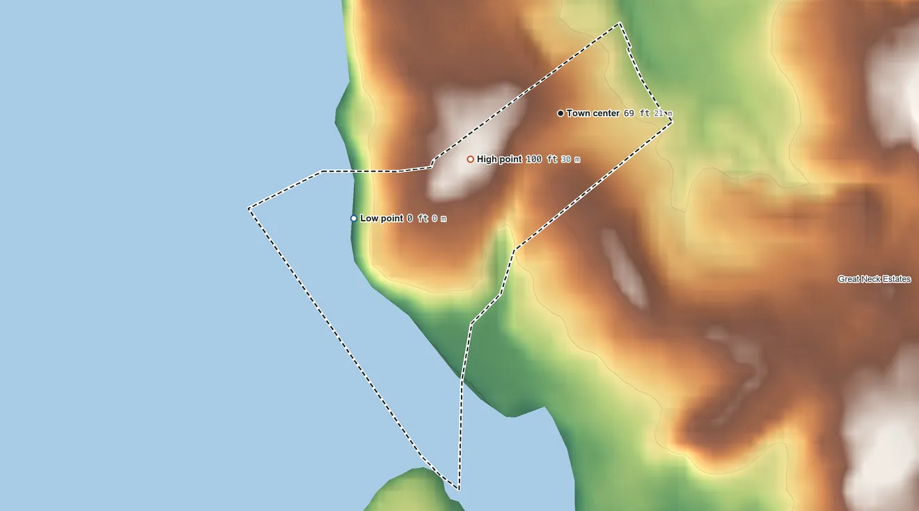 Topographic elevation map of Harbor Hills, New York, shaded from sea level level on Little Neck Bay to 100 ft on the southwest side