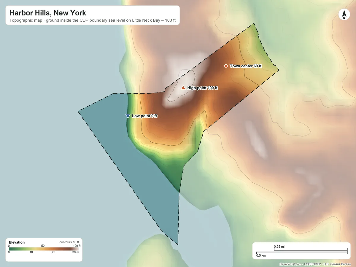 Topographic elevation map of Harbor Hills, New York, shaded from sea level level on Little Neck Bay to 100 ft on the southwest side