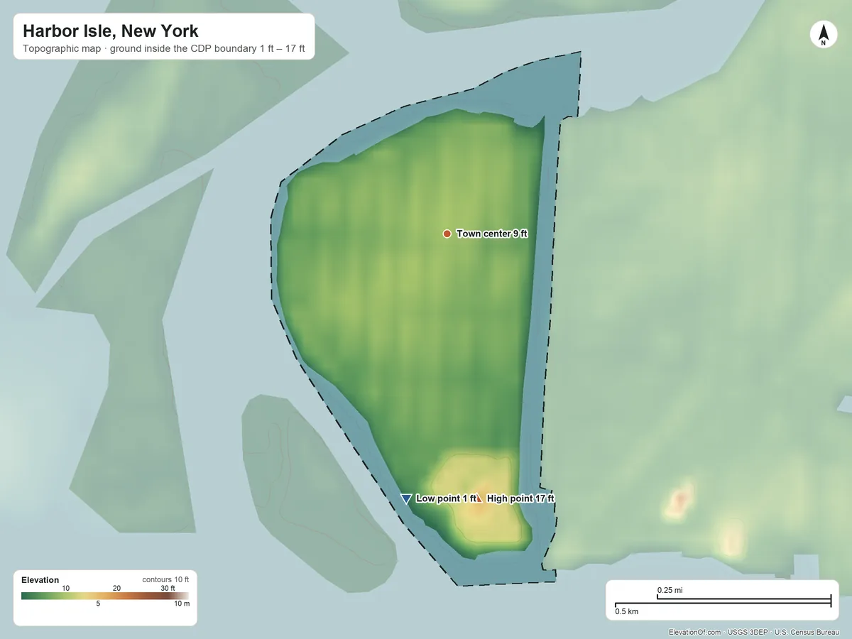 Topographic elevation map of Harbor Isle, New York, shaded from 1 ft on the south side to 17 ft on the south side