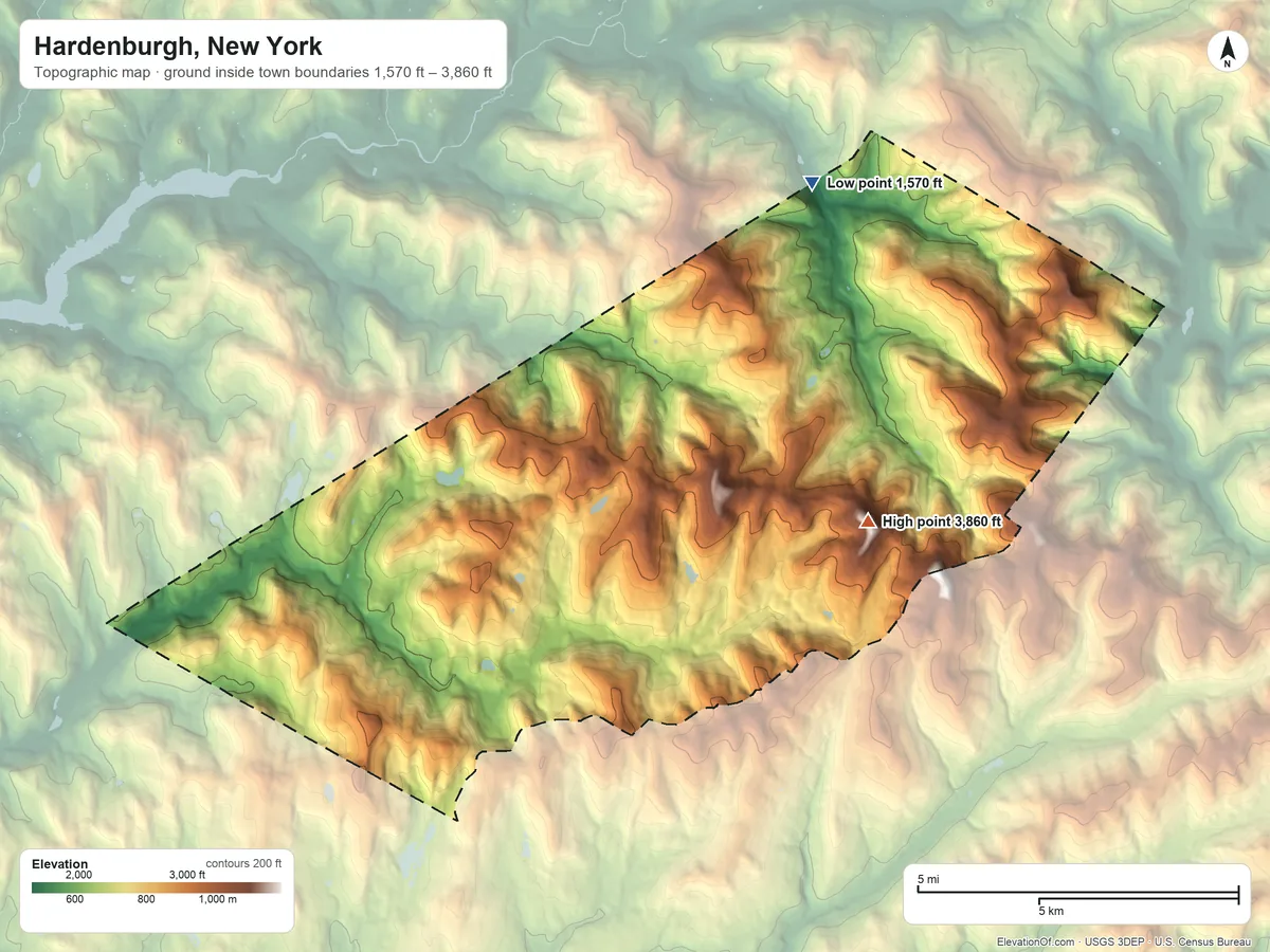 Topographic elevation map of Hardenburgh, New York, shaded from 1,570 ft on the northeast side to 3,860 ft on Graham Mountain
