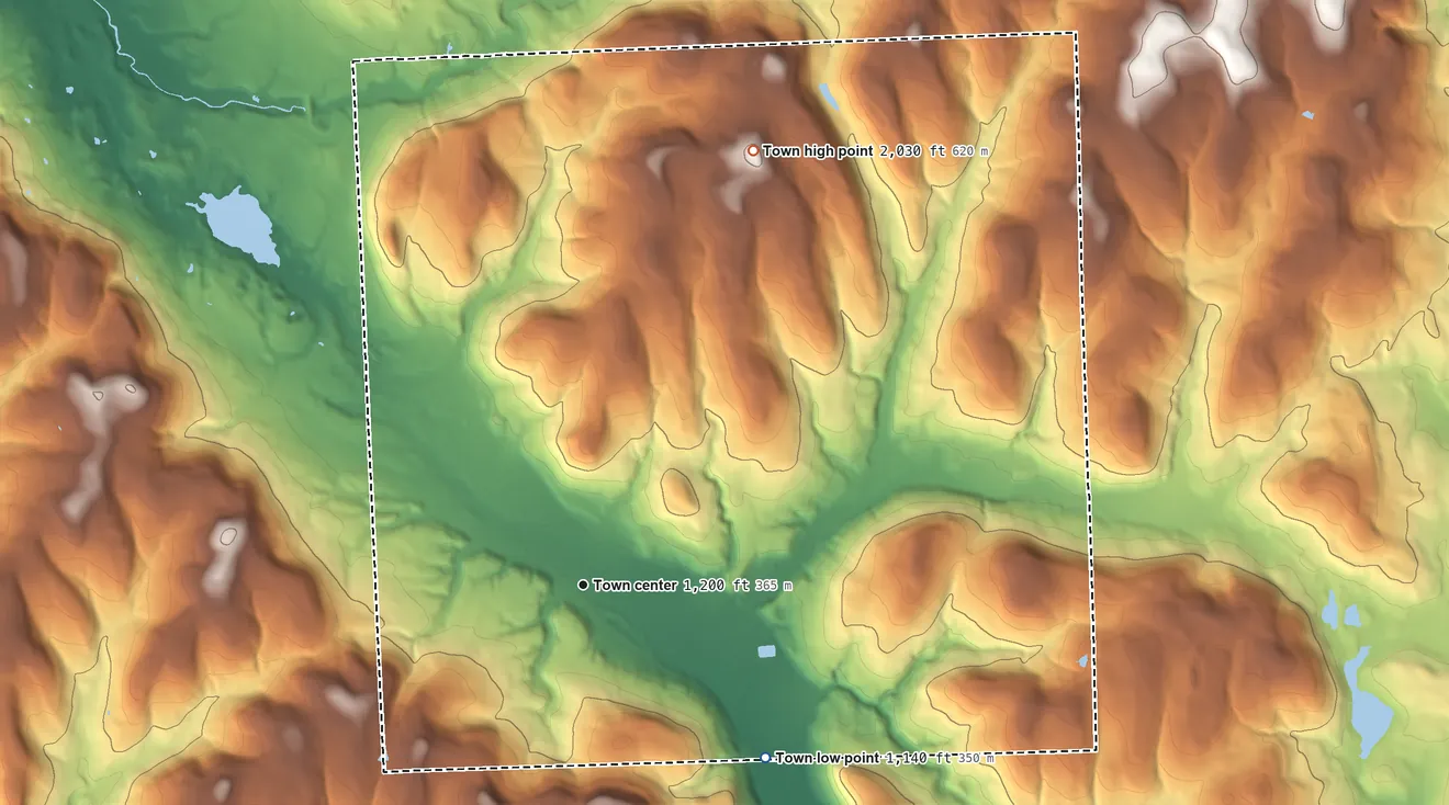 Topographic elevation map of Harford, New York, shaded from 1,140 ft on the southeast side to 2,030 ft on the north side