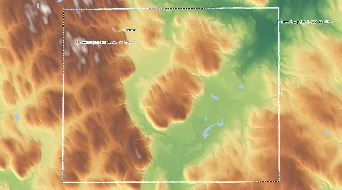 Topographic elevation map of Harmony, New York, shaded from 1,320 ft on the northeast side to 1,870 ft on Sweet Hill