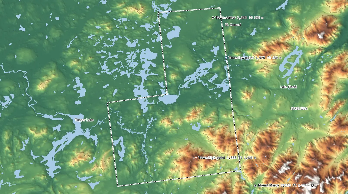 Topographic elevation map of Harrietstown, New York, shaded from 1,520 ft on the south side to 4,350 ft on Seward Mountains