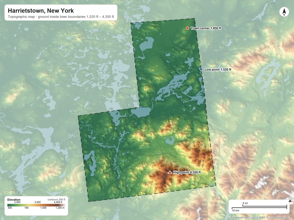 Topographic elevation map of Harrietstown, New York, shaded from 1,520 ft on the south side to 4,350 ft on Seward Mountains