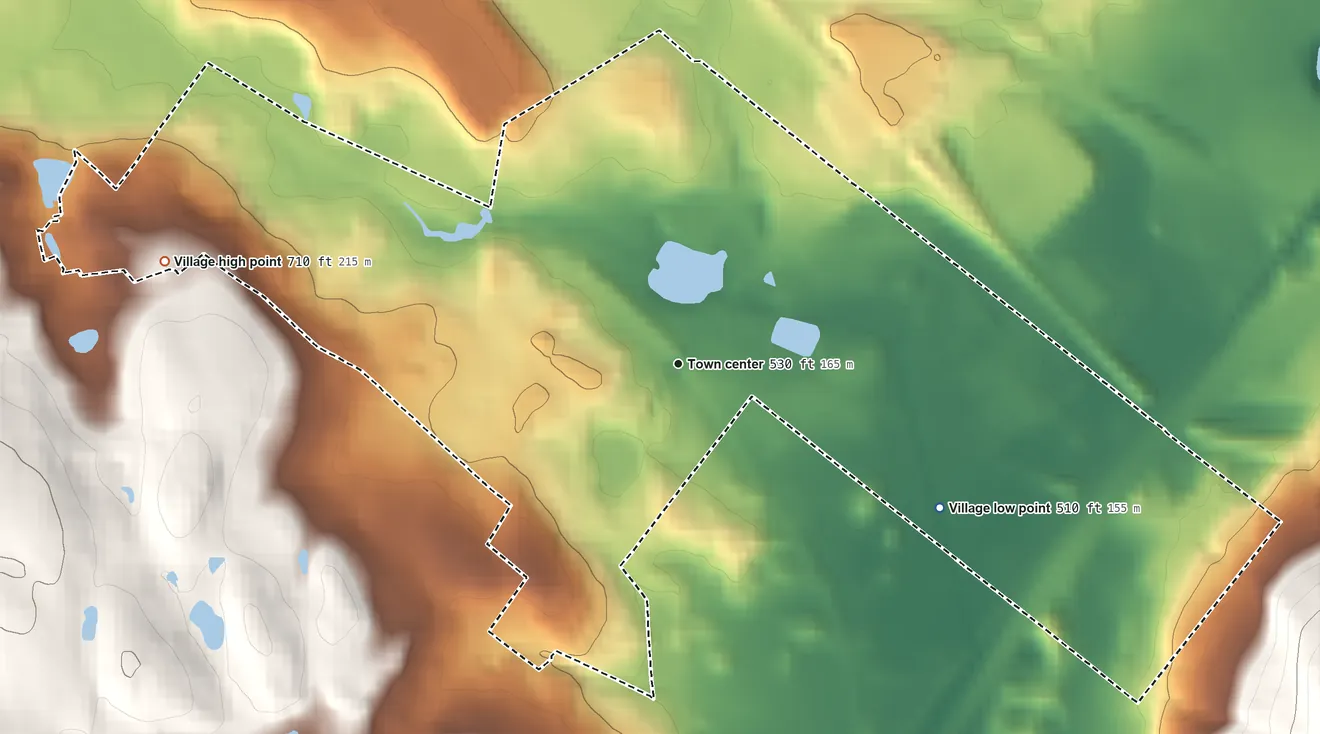 Topographic elevation map of Harriman, New York, shaded from 510 ft on the southeast side to 710 ft on the west side